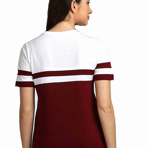 Camiseta de manga corta con cuello redondo y bloques de color blanco y granate para mujer, corte regular, jersey de algodón, top informal. - Product Image 3