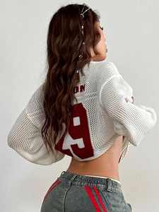 Suéter de punto de malla oversize para mujer con estampado de números, manga larga, hombros descubiertos, top corto, estilo urbano Y2K, moda casual, jersey. - Product Image 6