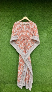 Elegante Caftán de Algodón para Mujer, Estampado Floral Hecho a Mano, Vestido Largo de Playa, Estilo Bohemio, Ropa de Primavera/Verano, Estilo Indio - Product Image 5