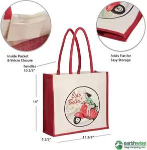 Heavy Duty Jute Picnic Tote <b>Bag</b> with Cotton Handles Reusable Carry <b>Bag</b> - Product Image 5