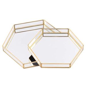 Hexagon Gold Mirror Tray Set Decorative Metal Glass Cosmetic <b>Makeup</b> Organizer Luxury Wedding Table Centerpiece Serving <b>Vanity</b> - Product Image 1