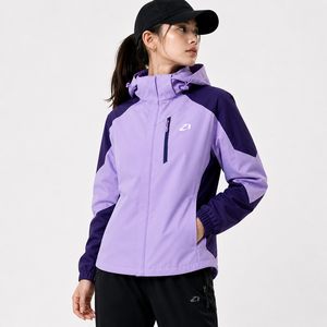 Women’s Purple Color Block Hooded Windbreaker Men's <b>Jackets</b> Private Label <b>Lightweight</b> Outdoor Shell with Zip Pocket Adjustable - Product Image 3