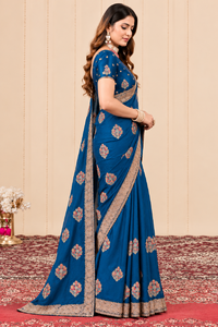 Vexotrend Emerald <b>Velvet</b> Satin <b>Saree</b> Floral Embroidery Border Women Traditional Wedding Wear India Pakistan Style Wrinkle Free - Product Image 6