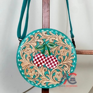 New Fashion Hand Tooled Floral <b>Leather</b> Stylish Round Zipper Handbags Cherry Design Crossbody Shoulder <b>Purse</b> for Women - Product Image 1