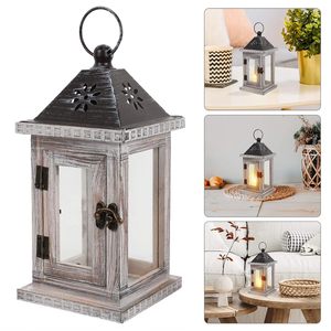 Lanterne à bougie en bois blanc rustique, lanterne suspendue décorative avec panneaux en verre, décoration vintage de style ferme pour la maison - Product Image 3