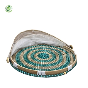 Seagrass food <b>cover</b> with navy blue pattern Kitchenware and <b>table</b> decoration Wholesale eco-friendly Made in Vietnam - Product Image 1