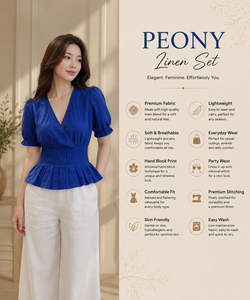 Conjunto de Lino/Algodón Bohemio Sólido Hecho a Mano Directo de Fábrica para Mujer, Top Peplum Casual Azul con Cuello en V y Pantalones Anchos Blancos Talla XL - Product Image 6
