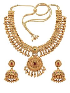 Conjunto de Joyería Étnica para Mujer, Collar y Aretes con Diseño de Flores en Aleación Chapada en Oro, Inspirado en Bollywood Indio, con Perlas de Imitación - Product Image 1