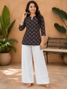 Ensemble Kurta en coton noir imprimé pour femmes avec pantalon palazzo blanc, coupe ample, vêtements ethniques décontractés, style Inde Pakistan, toutes saisons - Product Image 4