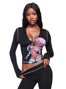 2026 SpringSummer Daily Wear Eco-Friendly Cute Cartoon Print Hooded Zipper Jacket Low-Waist Long Pants Sporty Casual Set - Product Image 6