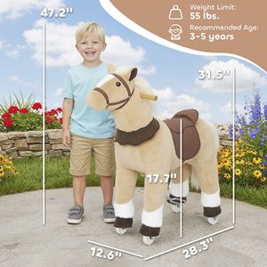 Cavallo di peluche marrone per passeggiate e gioco attivo, giocattolo cavalcabile per bambini dai 3 ai 5 anni con ruote per il gioco all'aperto - Product Image 3