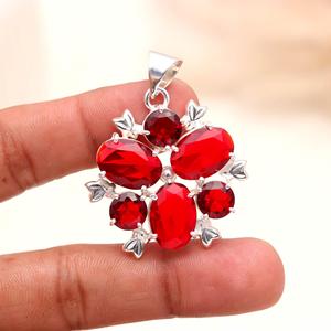 925 Sterling Silver Red Garnet Floral Pendant, Multi Stone Cluster Flower Design, Natural Garnet Gemstone <b>Necklace</b> Jewelry for W - Product Image 1