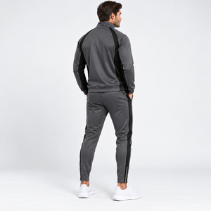 Ensemble de survêtement gris pour homme, fermeture éclair intégrale, col montant, coupe classique, poches latérales, séchage rapide, style sportif, vêtement d'automne, 100 % polyester - Product Image 4