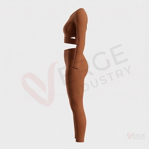 Ensemble 2 pièces pour femmes, haut court à manches longues côtelé marron, leggings taille haute - Product Image 3