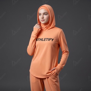 Ladies Running Hoodjab Shirt Customizable OEM Design Service with Sewn In Headscarf Stretch Fitness Shirt Thumbhole Cuff Sleeves - Product Image 1