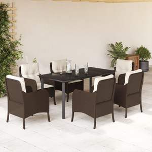 Set da pranzo in 7 pezzi con Patio in Poly Rattan marrone con cuscini elegante collezione di mobili da giardino - Product Image 1