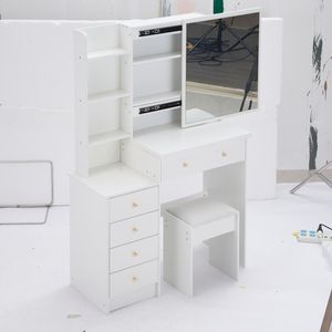Tavolo da Trucco Extra Large da 37 Pollici con Specchio Scorrevole a Destra, Multistrato, Alta Capacità, con Sgabello Imbottito, Dimensioni Medie, Comodino Sinistro - Product Image 4