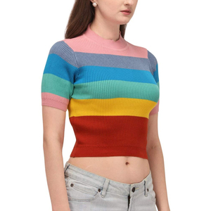 Women's <b>Rainbow</b> Stripe Knitted Breathable Polyester/Cotton Crop <b>Top</b> Short Sleeve O-Neck Casual Winter Regular Fit Color Blocked - Product Image 5