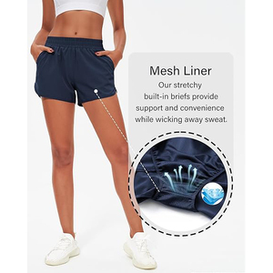 Shorts de sport pour femmes bleu marine en polyester respirant, bas de yoga à ourlet incurvé, taille haute, pour la course et le fitness - Product Image 3