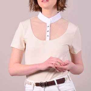 Chemise d'équitation beige à manches courtes pour femme avec col blanc et insert en mesh, boutonnée devant - Product Image 1