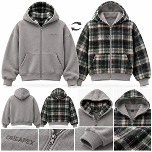 Veste à capuche réversible pour homme, à carreaux, zippée, oversize, streetwear d'hiver, vente en gros personnalisée - Product Image 4