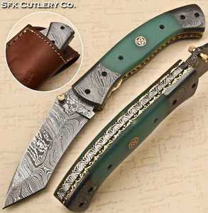 Couteau pliant personnalisé en acier Damas, lame gravée à la main, manche en os de chameau, couteau de poche avec étui - Product Image 1