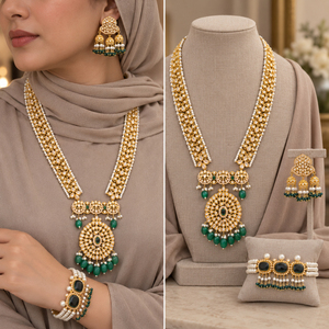 Conjunto de Joyería Nupcial Verde Chapado en Oro: Gargantilla Rani, Pendientes Jhumka y Maang Tikka - Venta al por Mayor Directa de Fábrica - Product Image 5