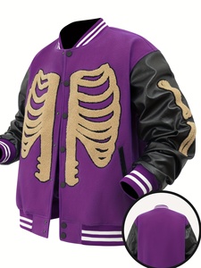 Chaqueta Varsity Morada para Hombre con Bordado de Toalla y Mangas de Cuero PU, Cuello Alto, Estilo Urbano - Product Image 6