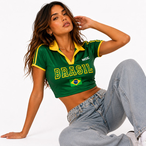 Trendy Y2K Block Color Short Sleeve Soccer Crop <b>Top</b> Casual women's shirt OEM Retro Collar Football Inspired Custom Logo Baby Tee - Product Image 5
