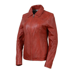 Chaqueta de Motocicleta de Cuero Genuino para Mujer, Manga Larga, Cierre de Cremallera, Cuello Camisero, Color Rojo Sólido, Ropa de Abrigo Otoñal, Corte Regular - Product Image 1