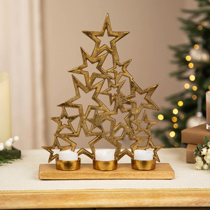 Portavelas de Té con Forma de Árbol de Navidad de 12 Estrellas con Base de Madera de Mango, Decoración Navideña 2026 - Product Image 2