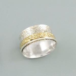Handmade 925 Sterling <b>Silver</b> Gold Spinner <b>Ring</b> Engraved Floral Meditation <b>Ring</b> Wide Band Anxiety Spinner <b>Ring</b> for Women & <b>Men</b> - Product Image 1