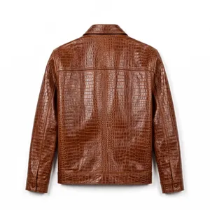 Chaqueta Unisex de Cuero Genuino con Estampado de Cocodrilo Marrón, 4 Bolsillos, Cierre de Botones, Estilo Trucker Vintage, Ropa Exterior de Moda, Logotipo Personalizado OEM, Chaqueta Nueva - Product Image 2