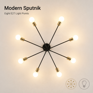Modern Sputnik Black Gold Surface Mount Ceiling <b>Light</b> With Eight E27 Bulbs For Living Room Bedroom <b>Dining</b> And Study Room - Product Image 2