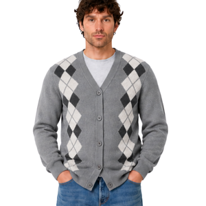 Cardigan en tricot pour homme à col en V, motif losanges, boutons sur le devant, manches longues, classique, décontracté, chaud, en laine/acrylique, haut d'automne - Product Image 1