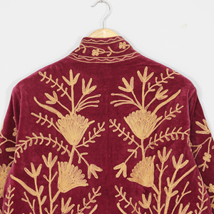 Women Velvet Embroidered <b>Jacket</b> <b>Mandarin</b> <b>Collar</b> Lantern Sleeve Floral Boho Style Autumn Coat Handmade Suzani Pattern - Product Image 4