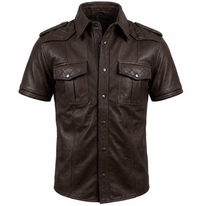 <b>Mens</b> Vintage <b>Brown</b> Leather <b>Shirt</b> Short Sleeve Genuine Cowhide Button Casual Biker Quilted Shoulders Double Flap Anti-UV - Product Image 1