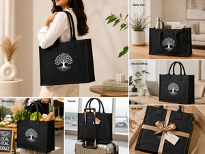 AMANI Black Laminated Jute Tote <b>Bag</b> <b>Tree</b> Pattern Reusable Eco Friendly Shopping with Zipper Pocket Wholesale Wedding Exhibition - Product Image 6