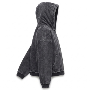 Wholesale Vintage Washed <b>Black</b> Distressed <b>Zip</b> <b>Up</b> <b>Hoodie</b> Oversized Streetwear Hooded Sweatshirt - Product Image 3