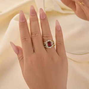 925 <b>Sterling</b> <b>Silver</b> Vintage Emerald Cut Moissanite Halo Red Green Wedding <b>Ring</b> <b>Set</b> 4 Prong Setting Yellow Gold Plated for - Product Image 4
