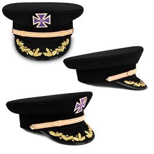 Gorra de fatiga negra personalizada de los Antiguos Caballeros Templarios con cruz metálica púrpura, trenza ornamentada y motivos de enredadera. - Product Image 2