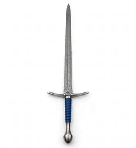 Handcrafted Damascus Steel Display Piece Engraved Crossguard Blue <b>Leather</b> Wrapped Handle - Product Image 1