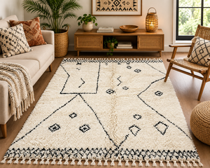 Alfombra de Lana Afelpada Marroquí Hecha a Mano, Alfombra Geométrica Blanca y Negra de Estilo Bereber, Decoración Boho Tejida a Mano para el Hogar - Product Image 1