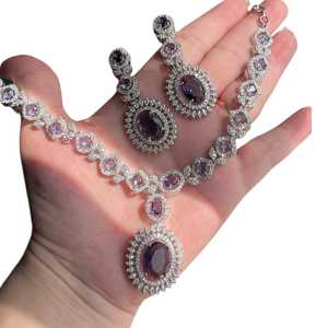 Parure de bijoux de luxe plaqué argent avec zircon bleu pour femme, collection de bijoux de mariage et de mariée, collier et boucles d'oreilles, couleurs personnalisables - Product Image 3