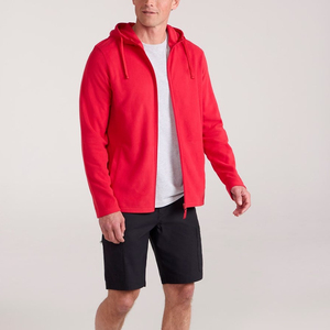 Veste polaire à capuche entièrement zippée rouge pour homme, manches longues, décontractée, pour le sport en plein air, avec cordon de serrage réglable, légère et chaude - Product Image 1