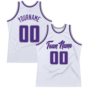 Camiseta de Baloncesto Retro Auténtica Blanca y Morado-Gris Personalizada de Alta Calidad al por Mayor - Product Image 1