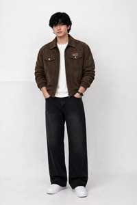 Chaqueta Unisex Marrón con Capucha y Cierre, Patrón Geométrico, Tela Lavada, Corte Holgado, Bolsillos Bordados en el Pecho, Estilo Casual para Otoño - Product Image 5