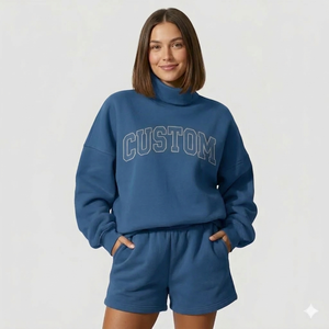 Conjunto de Top de Cuello Alto y Pantalones Cortos para Mujer, Ropa de Calle de Invierno, Tela de Forro Polar, Ecológica y Transpirable, Estilo Informal para el Día a Día - Product Image 1