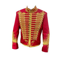 Chaqueta de Verano para Hombre, Estampada en Rojo, Estilo Hussar, con Bordado Dorado en la Parte Delantera, Cuello Alto, Ajustada, Manga Larga, 100% Poliéster