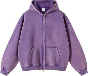 Sudadera con capucha extragrande de algodón vintage con lavado ácido, básica con cremallera para mujer, estilo desgastado, holgada, de manga larga - Product Image 3